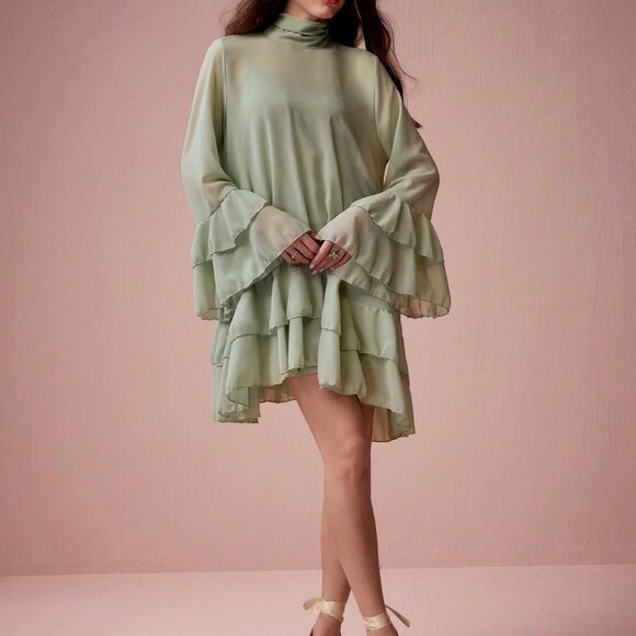 Mint Green Elegant Women's Ruffle Sleeve A-Line Dress - Picture 4 of 7